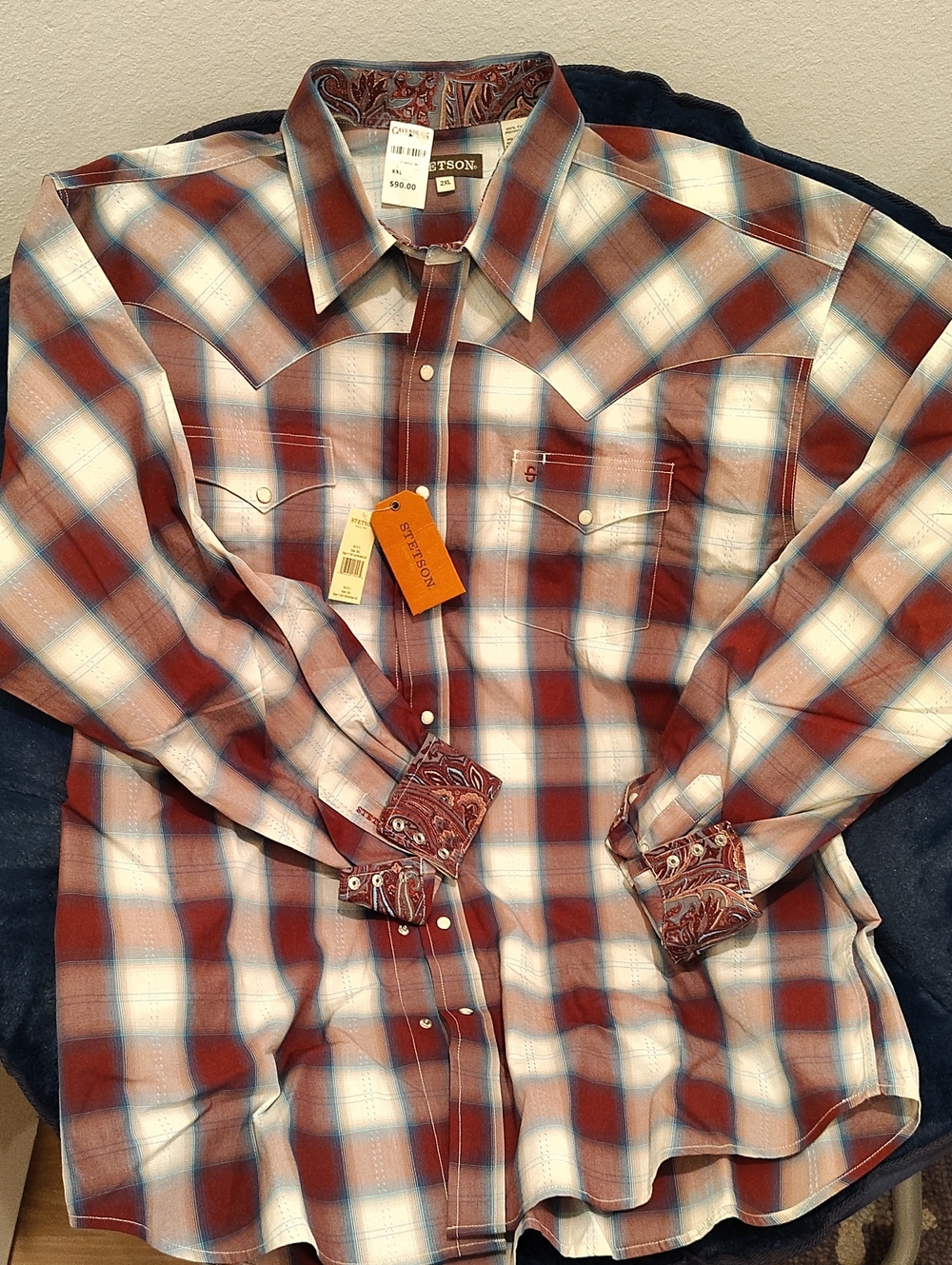Stetson Men's Rust and White Plaid Western Button-Down Shirt